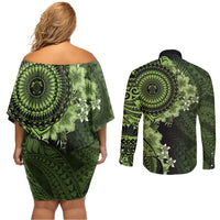 Vanuatu Couples Matching Off Shoulder Short Dress and Long Sleeve Button Shirt Hibisus Polynesian Pattern Green LT14 - Polynesian Pride