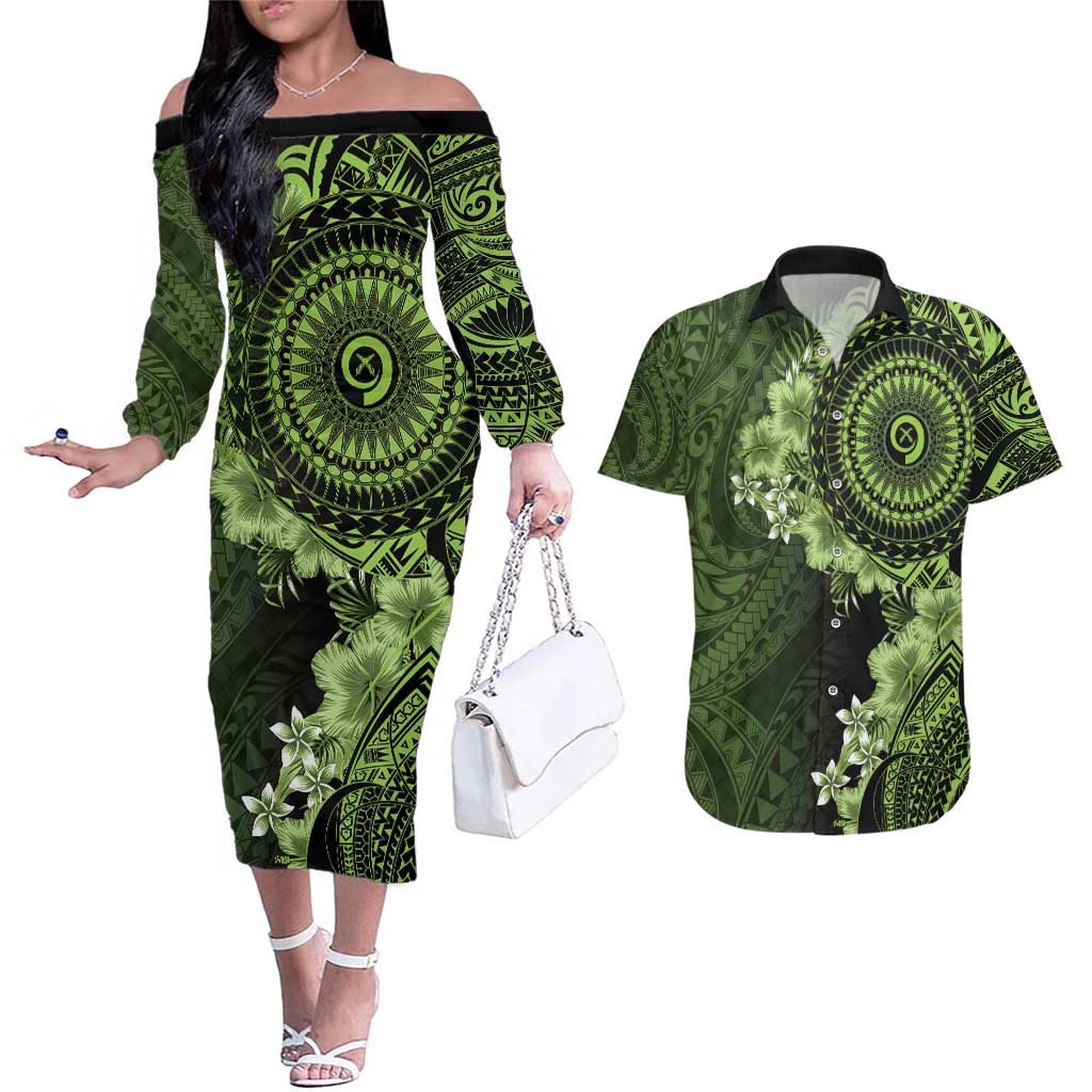 Vanuatu Couples Matching Off The Shoulder Long Sleeve Dress and Hawaiian Shirt Hibisus Polynesian Pattern Green LT14 Green - Polynesian Pride
