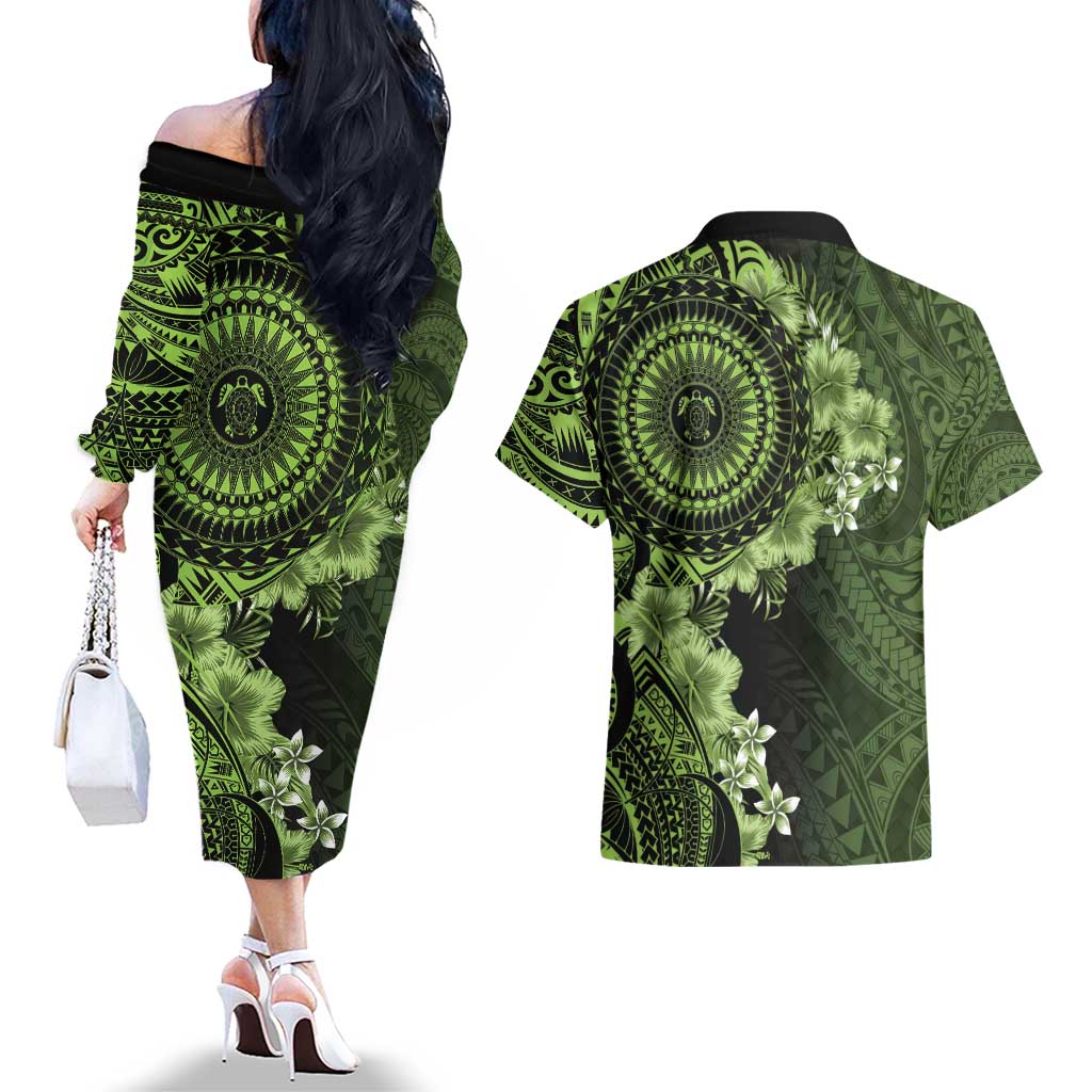 Vanuatu Couples Matching Off The Shoulder Long Sleeve Dress and Hawaiian Shirt Hibisus Polynesian Pattern Green LT14 - Polynesian Pride