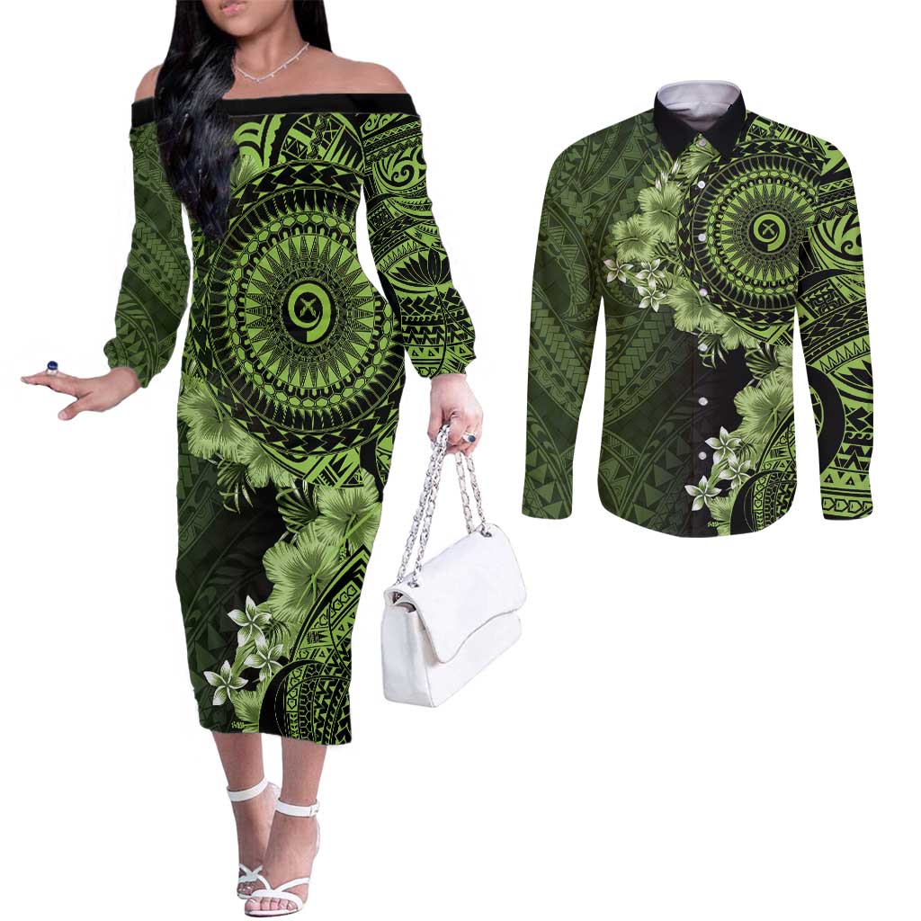 Vanuatu Couples Matching Off The Shoulder Long Sleeve Dress and Long Sleeve Button Shirt Hibisus Polynesian Pattern Green LT14 Green - Polynesian Pride