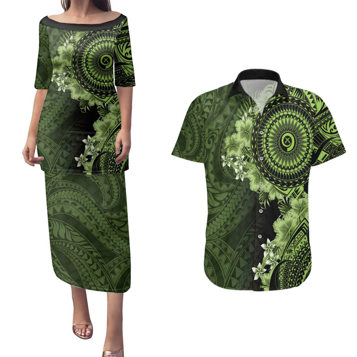 Vanuatu Couples Matching Puletasi and Hawaiian Shirt Hibisus Polynesian Pattern Green LT14 Green - Polynesian Pride