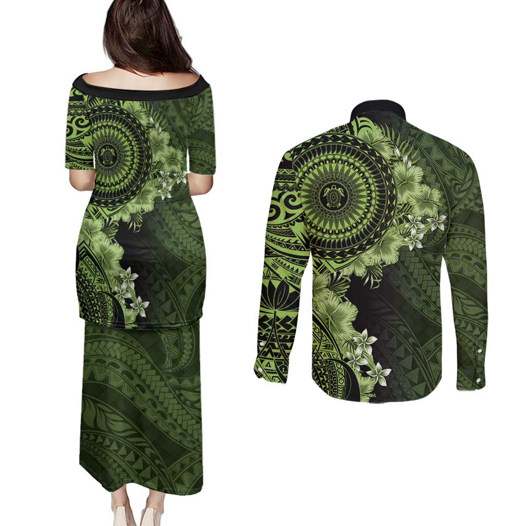 Vanuatu Couples Matching Puletasi and Long Sleeve Button Shirt Hibisus Polynesian Pattern Green LT14 - Polynesian Pride