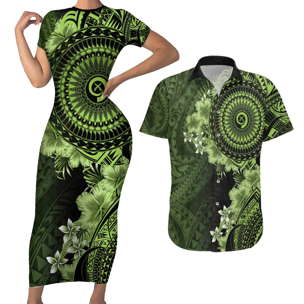 Vanuatu Couples Matching Short Sleeve Bodycon Dress and Hawaiian Shirt Hibisus Polynesian Pattern Green LT14 Green - Polynesian Pride