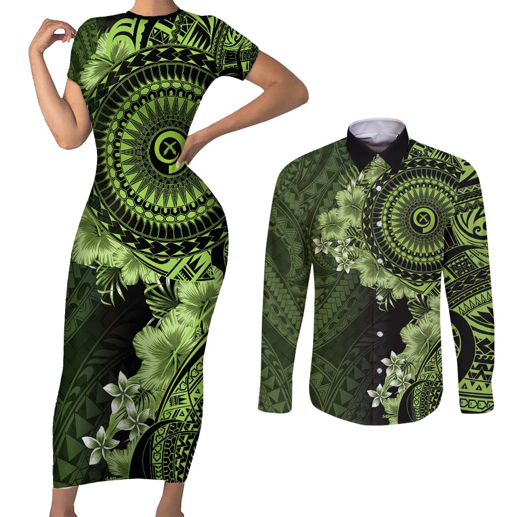 Vanuatu Couples Matching Short Sleeve Bodycon Dress and Long Sleeve Button Shirt Hibisus Polynesian Pattern Green LT14 Green - Polynesian Pride