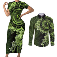 Vanuatu Couples Matching Short Sleeve Bodycon Dress and Long Sleeve Button Shirt Hibisus Polynesian Pattern Green LT14 Green - Polynesian Pride
