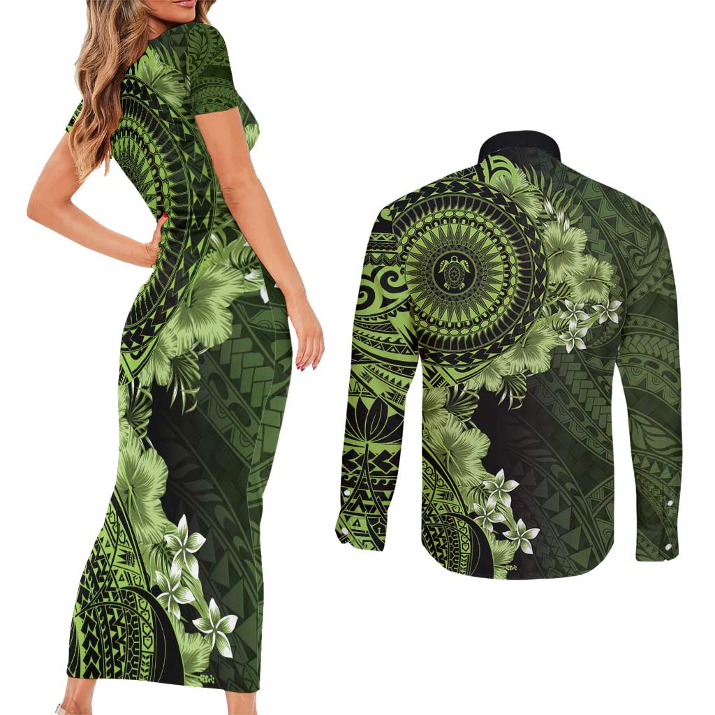 Vanuatu Couples Matching Short Sleeve Bodycon Dress and Long Sleeve Button Shirt Hibisus Polynesian Pattern Green LT14 - Polynesian Pride