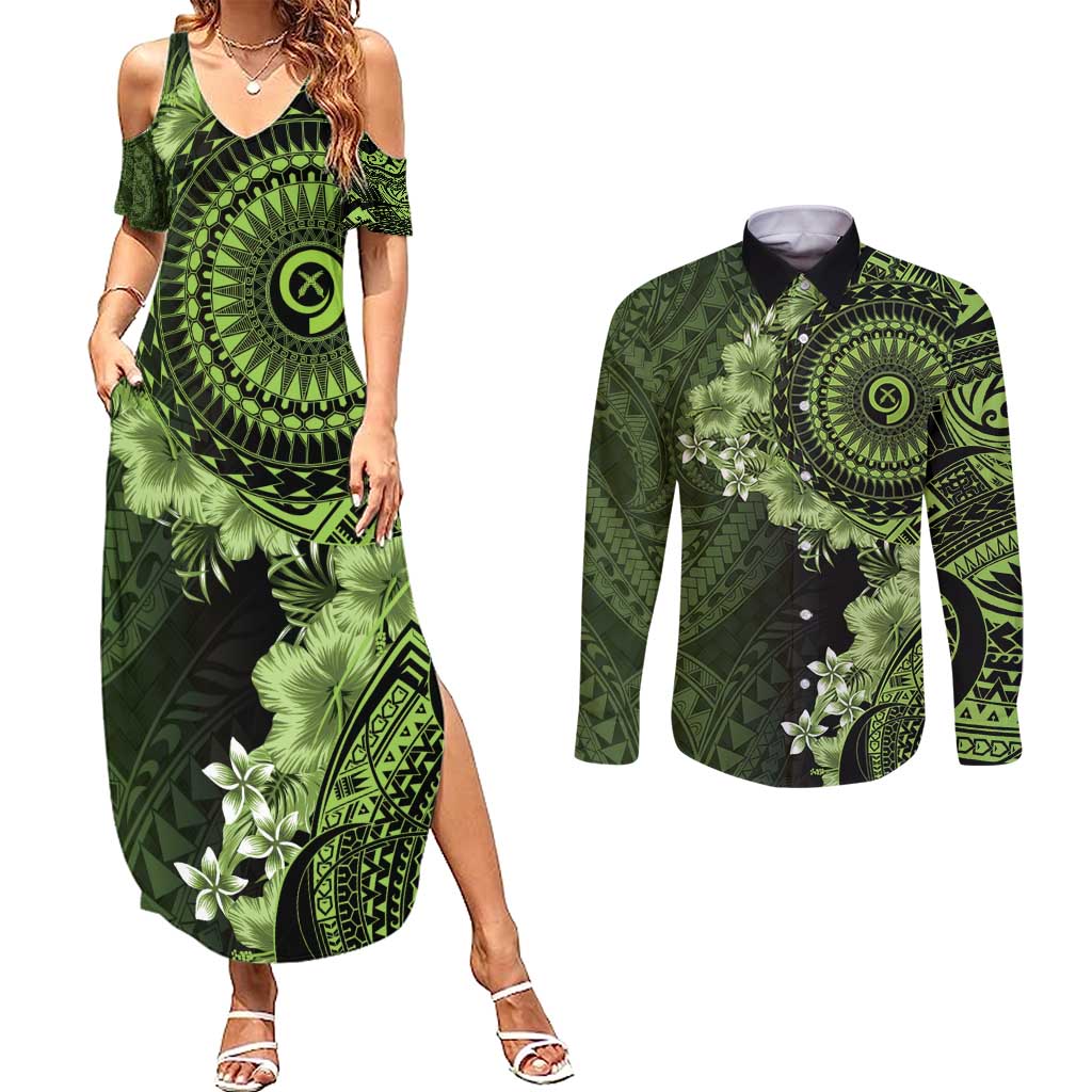 Vanuatu Couples Matching Summer Maxi Dress and Long Sleeve Button Shirt Hibisus Polynesian Pattern Green LT14 Green - Polynesian Pride