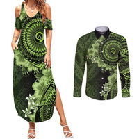 Vanuatu Couples Matching Summer Maxi Dress and Long Sleeve Button Shirt Hibisus Polynesian Pattern Green LT14 Green - Polynesian Pride