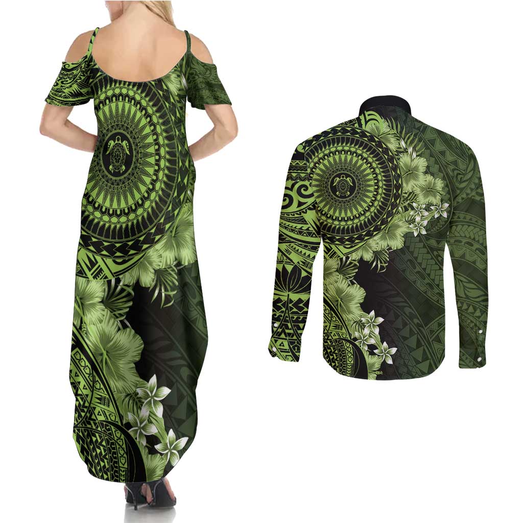 Vanuatu Couples Matching Summer Maxi Dress and Long Sleeve Button Shirt Hibisus Polynesian Pattern Green LT14 - Polynesian Pride