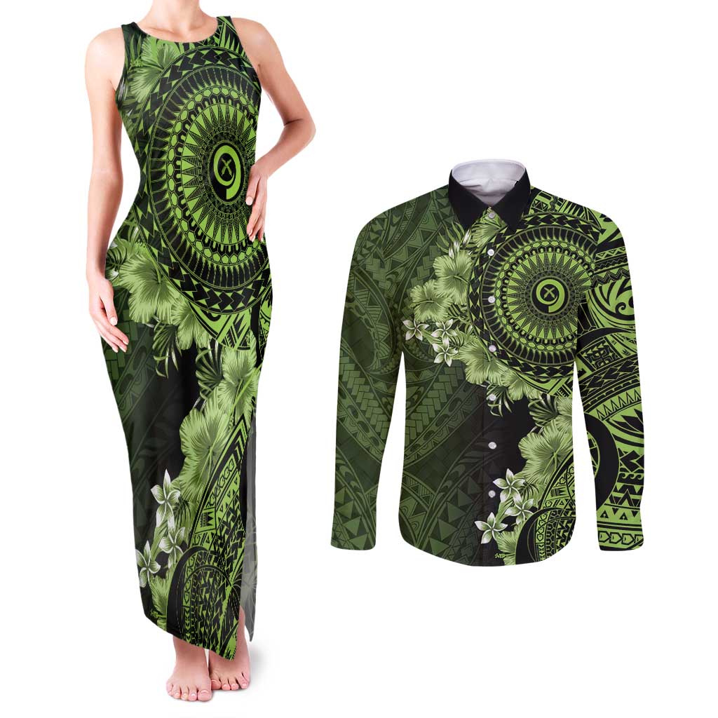 Vanuatu Couples Matching Tank Maxi Dress and Long Sleeve Button Shirt Hibisus Polynesian Pattern Green LT14 Green - Polynesian Pride