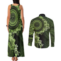 Vanuatu Couples Matching Tank Maxi Dress and Long Sleeve Button Shirt Hibisus Polynesian Pattern Green LT14 - Polynesian Pride