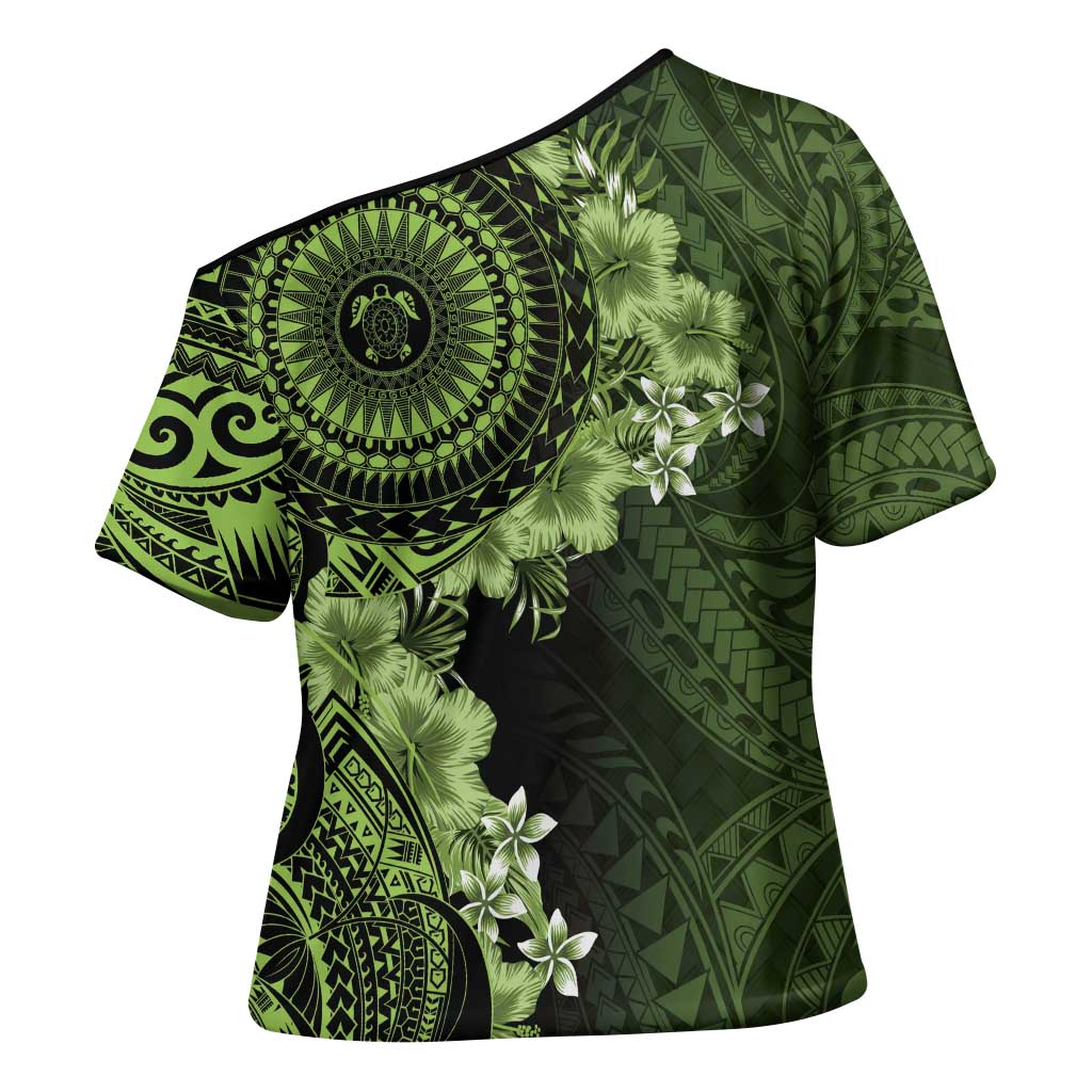 Vanuatu Cross Shoulder Shirt Hibisus Polynesian Pattern Green LT14 - Polynesian Pride