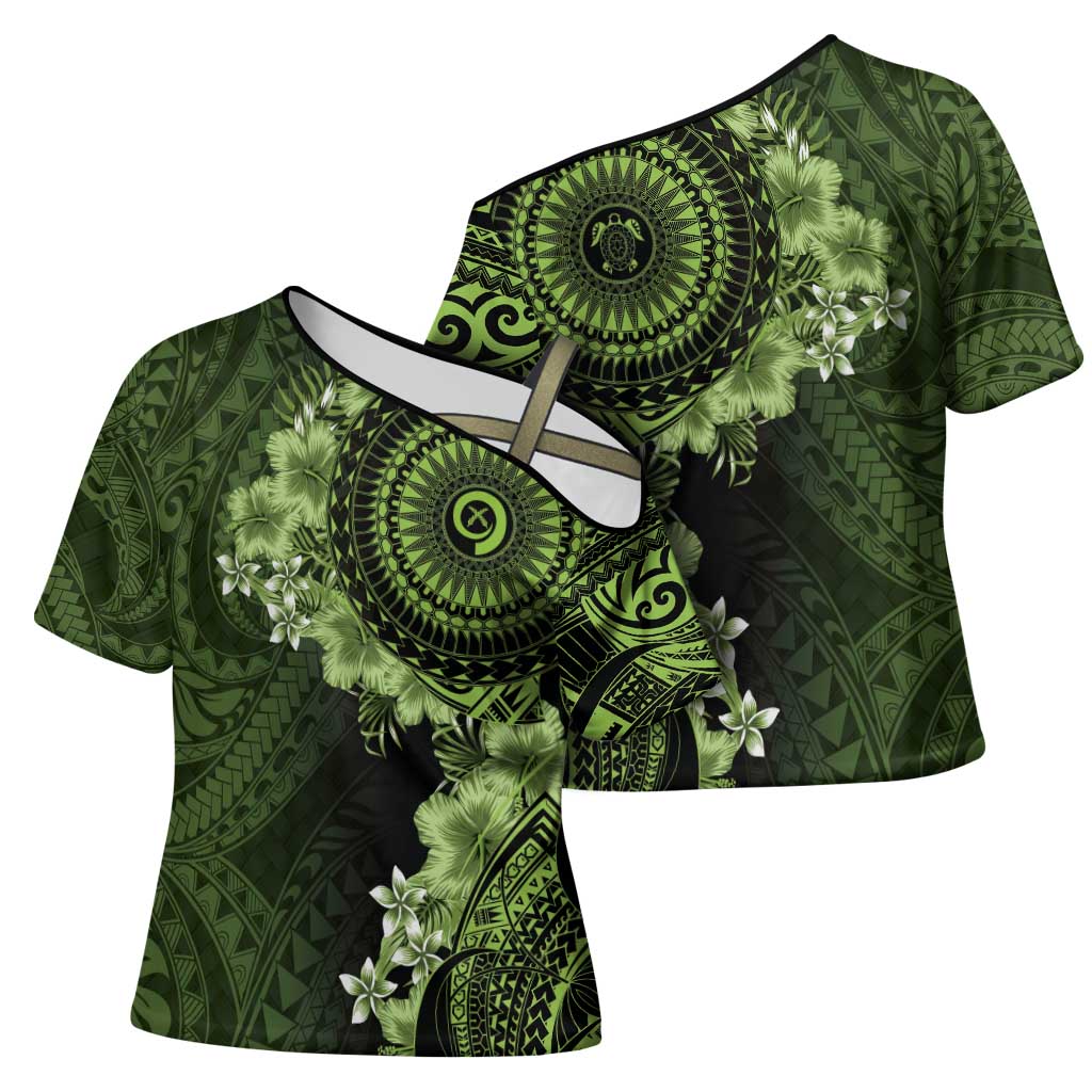 Vanuatu Cross Shoulder Shirt Hibisus Polynesian Pattern Green LT14 - Polynesian Pride