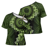 Vanuatu Cross Shoulder Shirt Hibisus Polynesian Pattern Green LT14 - Polynesian Pride