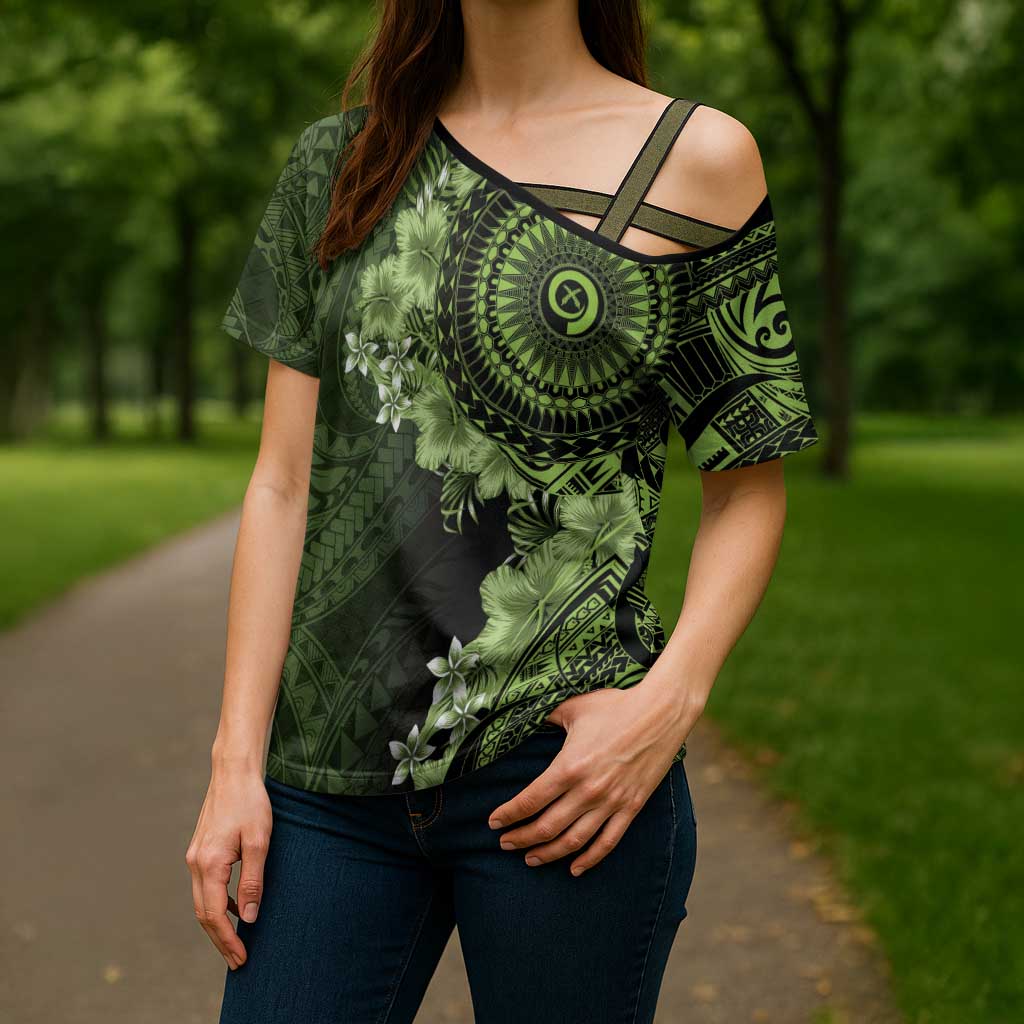 Vanuatu Cross Shoulder Shirt Hibisus Polynesian Pattern Green LT14 - Polynesian Pride