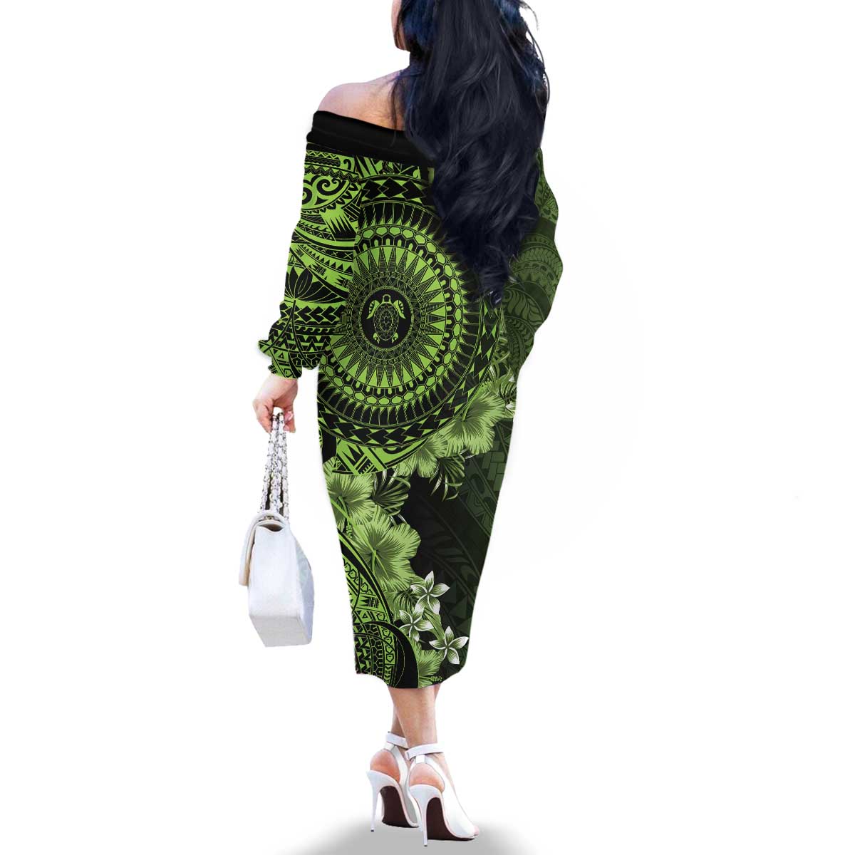 Vanuatu Family Matching Off The Shoulder Long Sleeve Dress and Hawaiian Shirt Hibisus Polynesian Pattern Green - Polynesian Pride