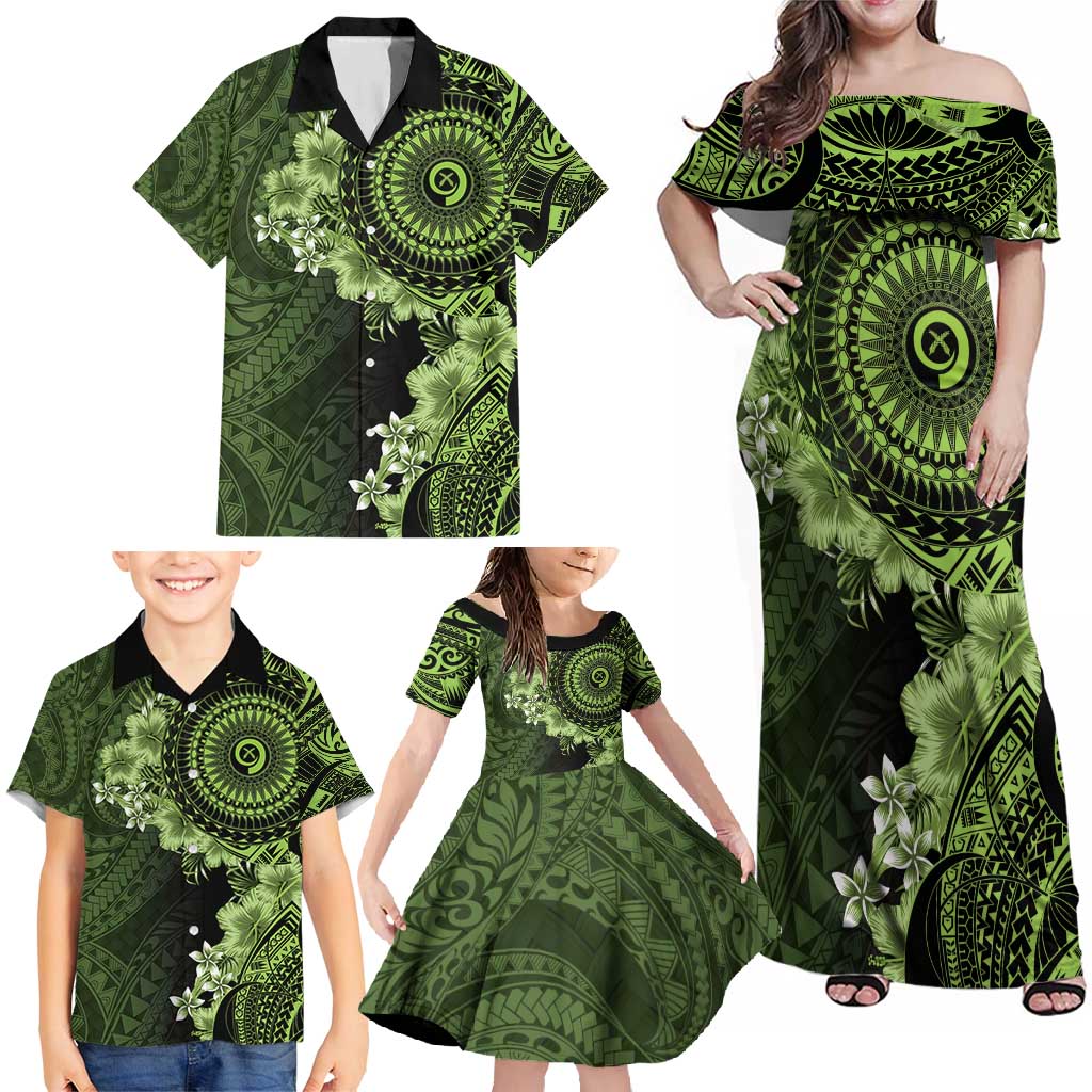 Vanuatu Family Matching Off Shoulder Maxi Dress and Hawaiian Shirt Hibisus Polynesian Pattern Green LT14 - Polynesian Pride