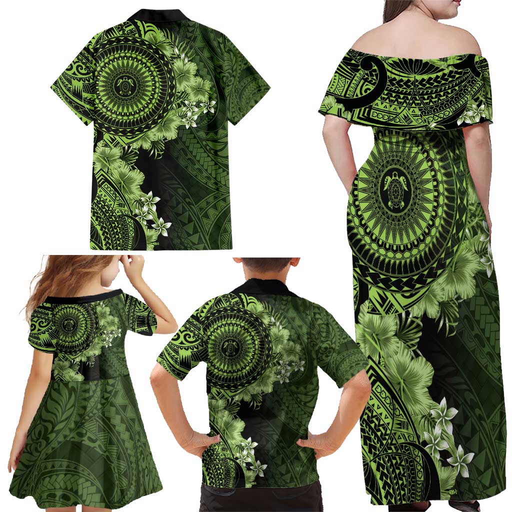 Vanuatu Family Matching Off Shoulder Maxi Dress and Hawaiian Shirt Hibisus Polynesian Pattern Green LT14 - Polynesian Pride