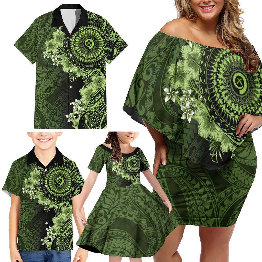 Vanuatu Family Matching Off Shoulder Short Dress and Hawaiian Shirt Hibisus Polynesian Pattern Green LT14 - Polynesian Pride