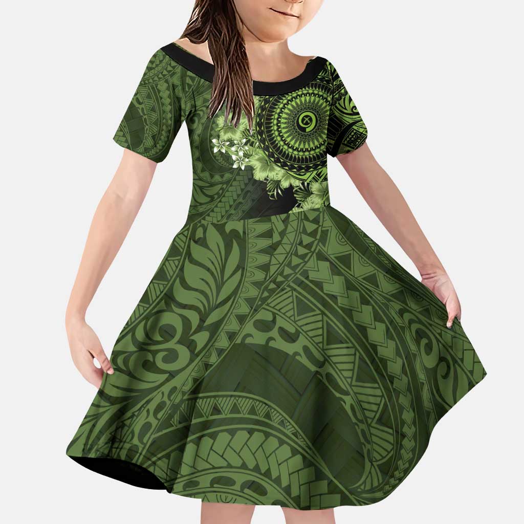 Vanuatu Family Matching Puletasi and Hawaiian Shirt Hibisus Polynesian Pattern Green LT14 Daughter's Dress Green - Polynesian Pride