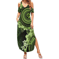 Vanuatu Family Matching Summer Maxi Dress and Hawaiian Shirt Hibisus Polynesian Pattern Green LT14 Mom's Dress Green - Polynesian Pride