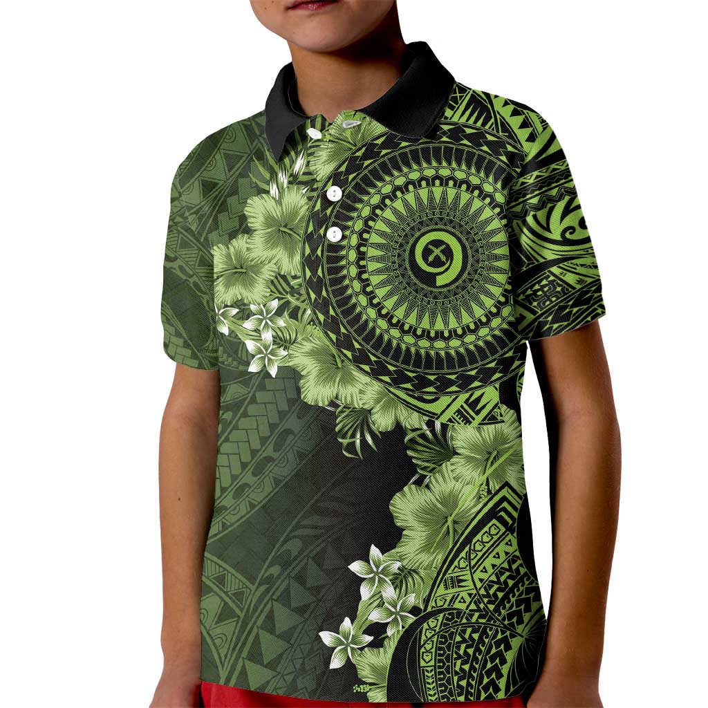 Vanuatu Kid Polo Shirt Hibisus Polynesian Pattern Green - Polynesian Pride