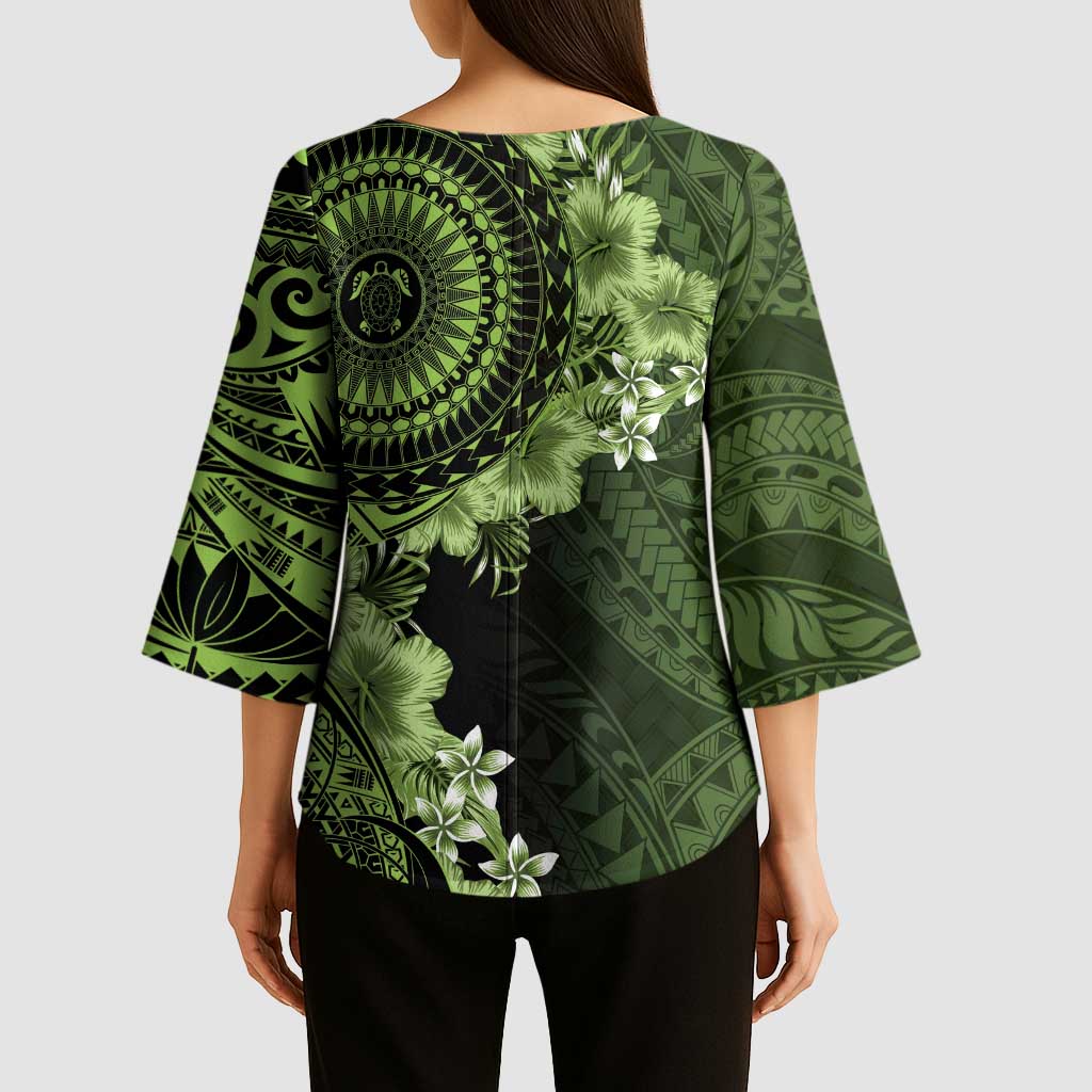 Vanuatu Kimono Sleeve Blouse Hibisus Polynesian Pattern Green LT14 - Polynesian Pride