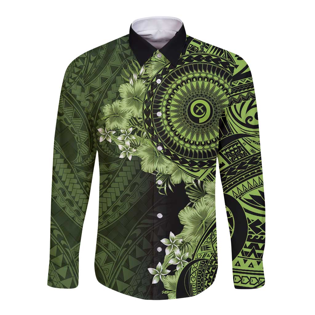 Vanuatu Long Sleeve Button Shirt Hibisus Polynesian Pattern Green LT14 Unisex Green - Polynesian Pride