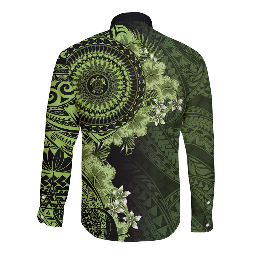 Vanuatu Long Sleeve Button Shirt Hibisus Polynesian Pattern Green LT14 - Polynesian Pride