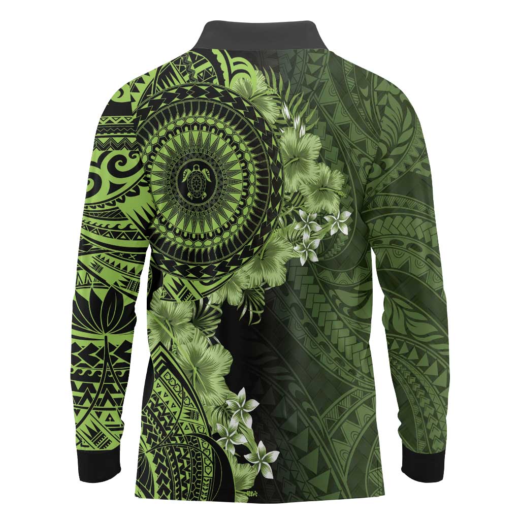 Vanuatu Long Sleeve Polo Shirt Hibisus Polynesian Pattern Green - Polynesian Pride