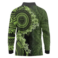 Vanuatu Long Sleeve Polo Shirt Hibisus Polynesian Pattern Green - Polynesian Pride