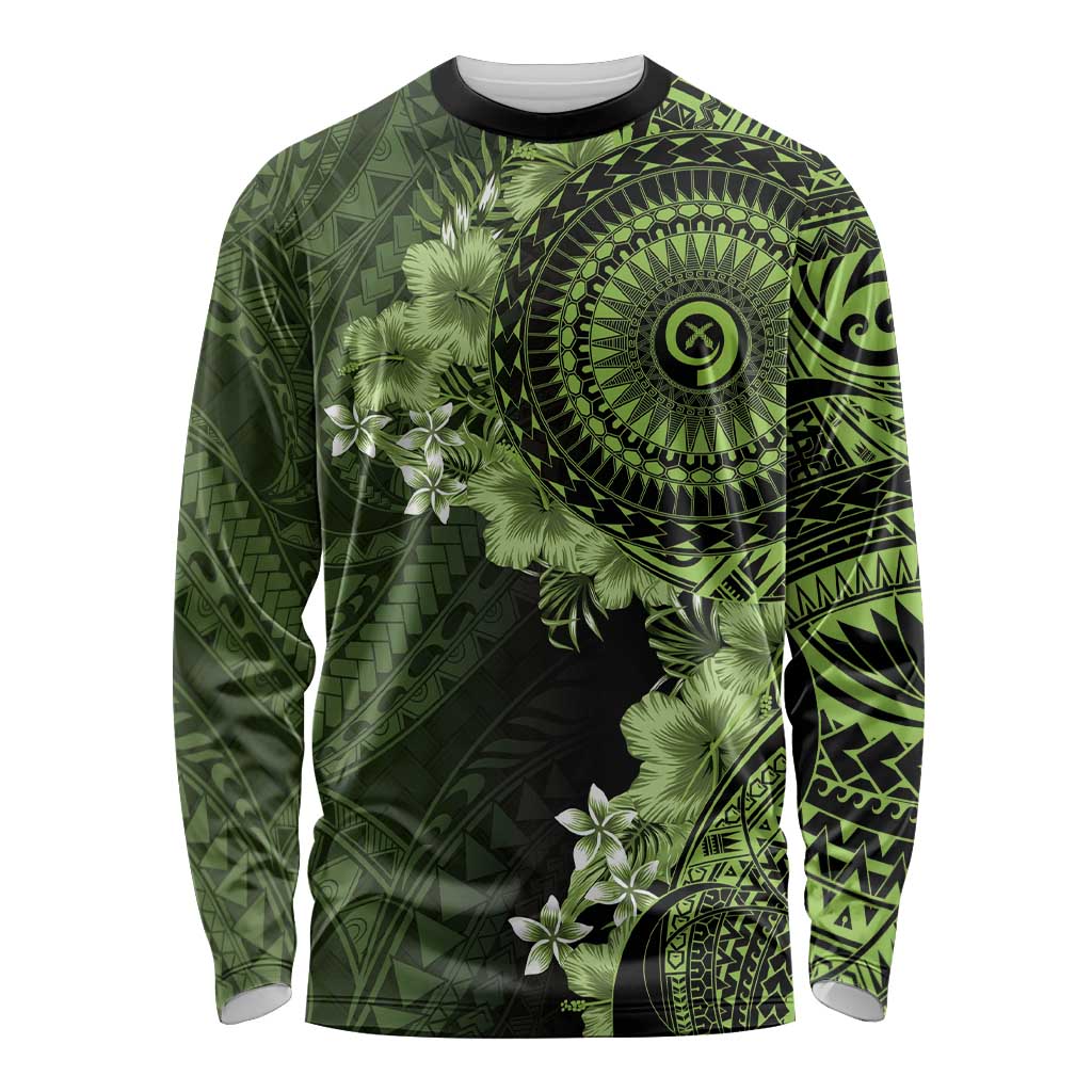 Vanuatu Long Sleeve Shirt Hibisus Polynesian Pattern Green LT14 Unisex Green - Polynesian Pride