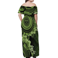Vanuatu Off Shoulder Maxi Dress Hibisus Polynesian Pattern Green - Polynesian Pride