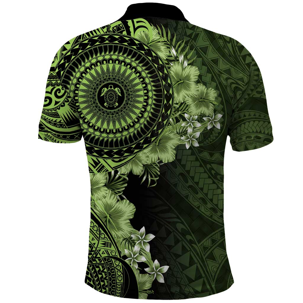Vanuatu Polo Shirt Hibisus Polynesian Pattern Green - Polynesian Pride