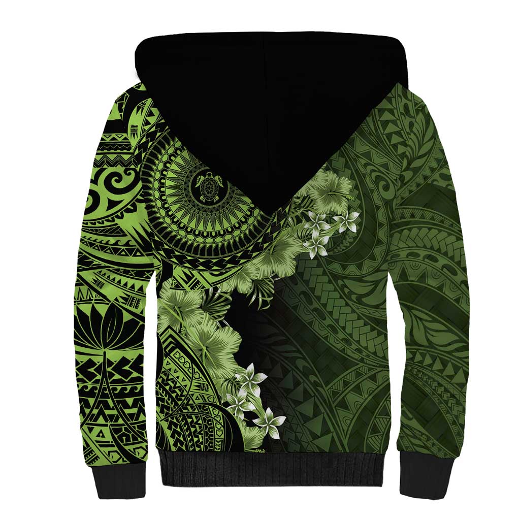 Vanuatu Sherpa Hoodie Hibisus Polynesian Pattern Green LT14 - Polynesian Pride