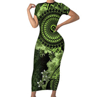 Vanuatu Short Sleeve Bodycon Dress Hibisus Polynesian Pattern Green - Polynesian Pride