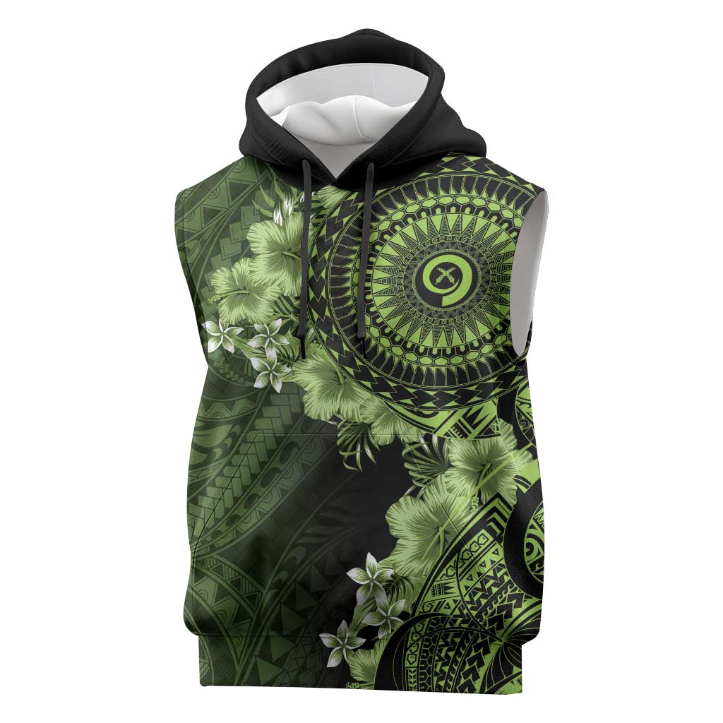 Vanuatu Sleeveless Hoodie Hibisus Polynesian Pattern Green - Polynesian Pride