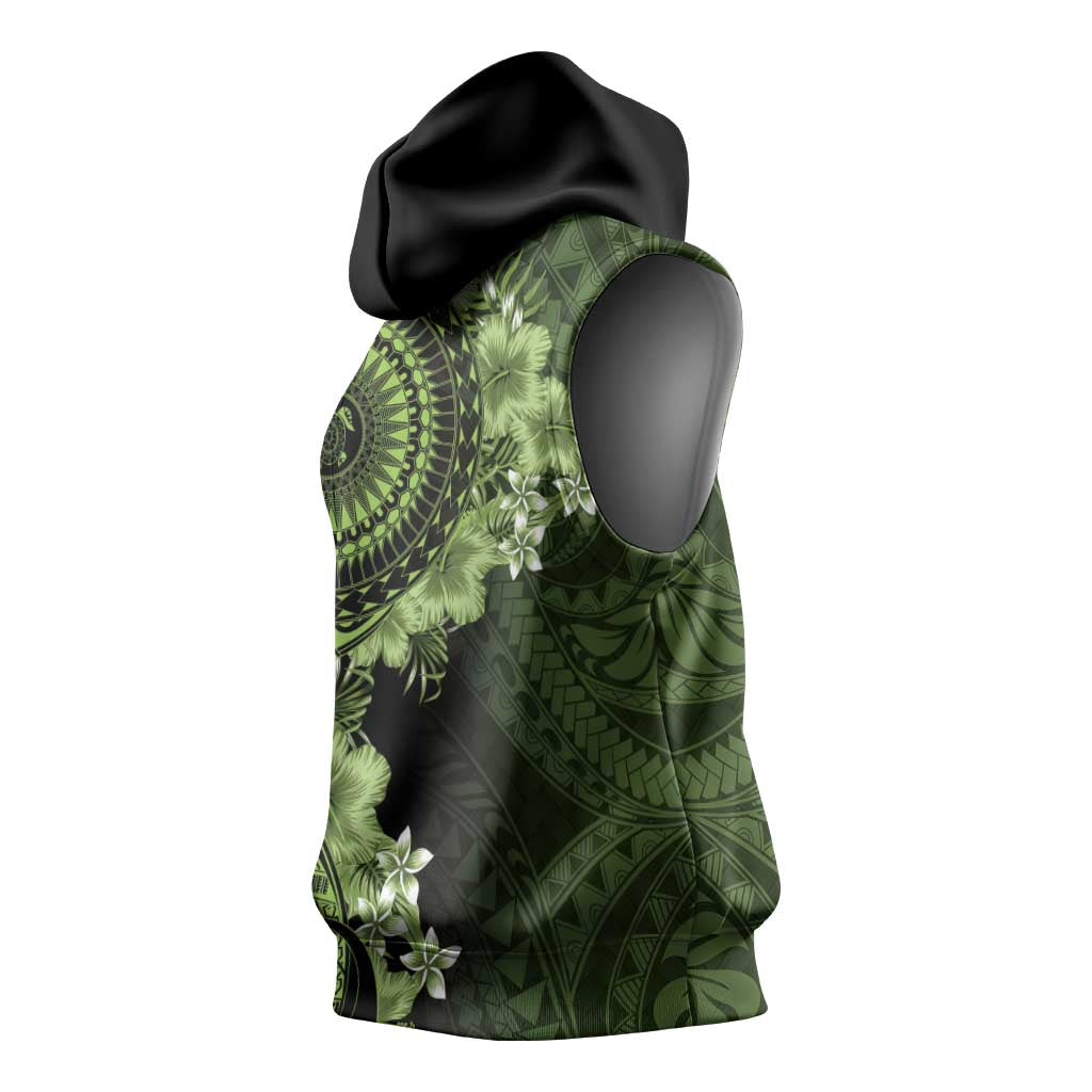 Vanuatu Sleeveless Hoodie Hibisus Polynesian Pattern Green - Polynesian Pride