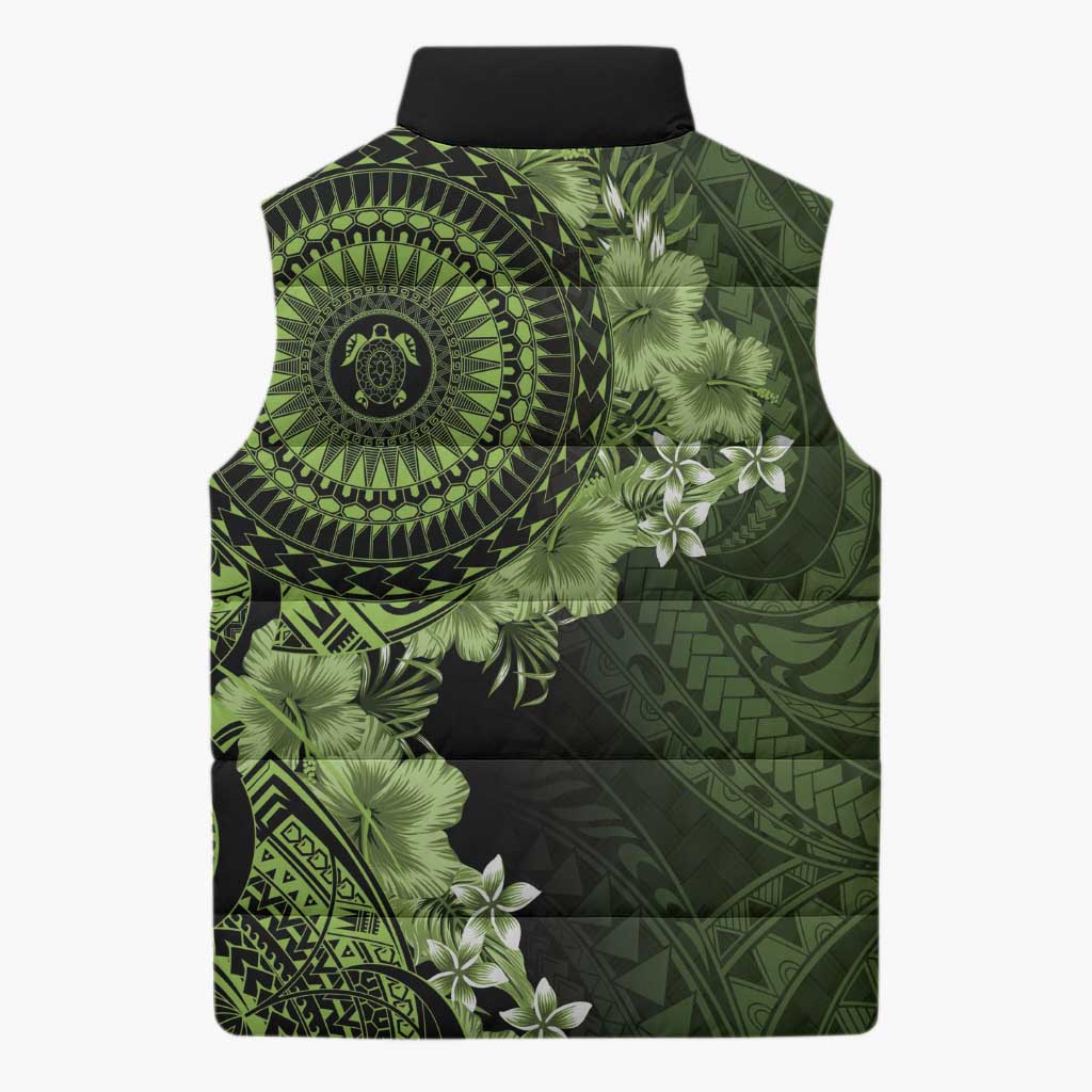 Vanuatu Sleeveless Puffer Jacket Hibisus Polynesian Pattern Green LT14 - Polynesian Pride
