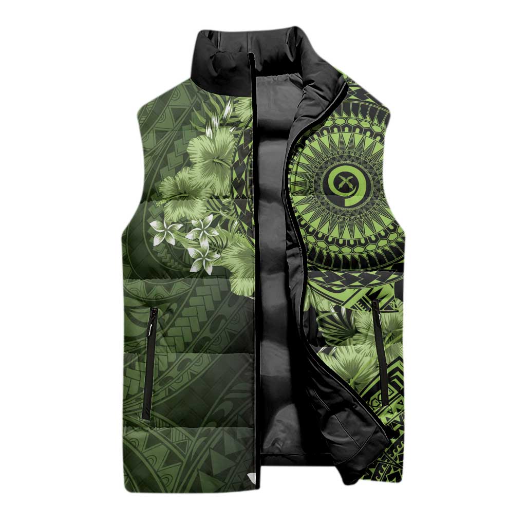 Vanuatu Sleeveless Puffer Jacket Hibisus Polynesian Pattern Green LT14 - Polynesian Pride