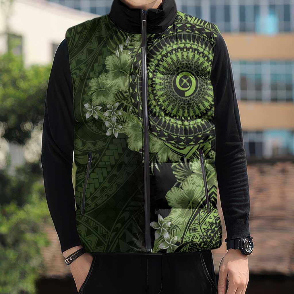 Vanuatu Sleeveless Puffer Jacket Hibisus Polynesian Pattern Green LT14 - Polynesian Pride