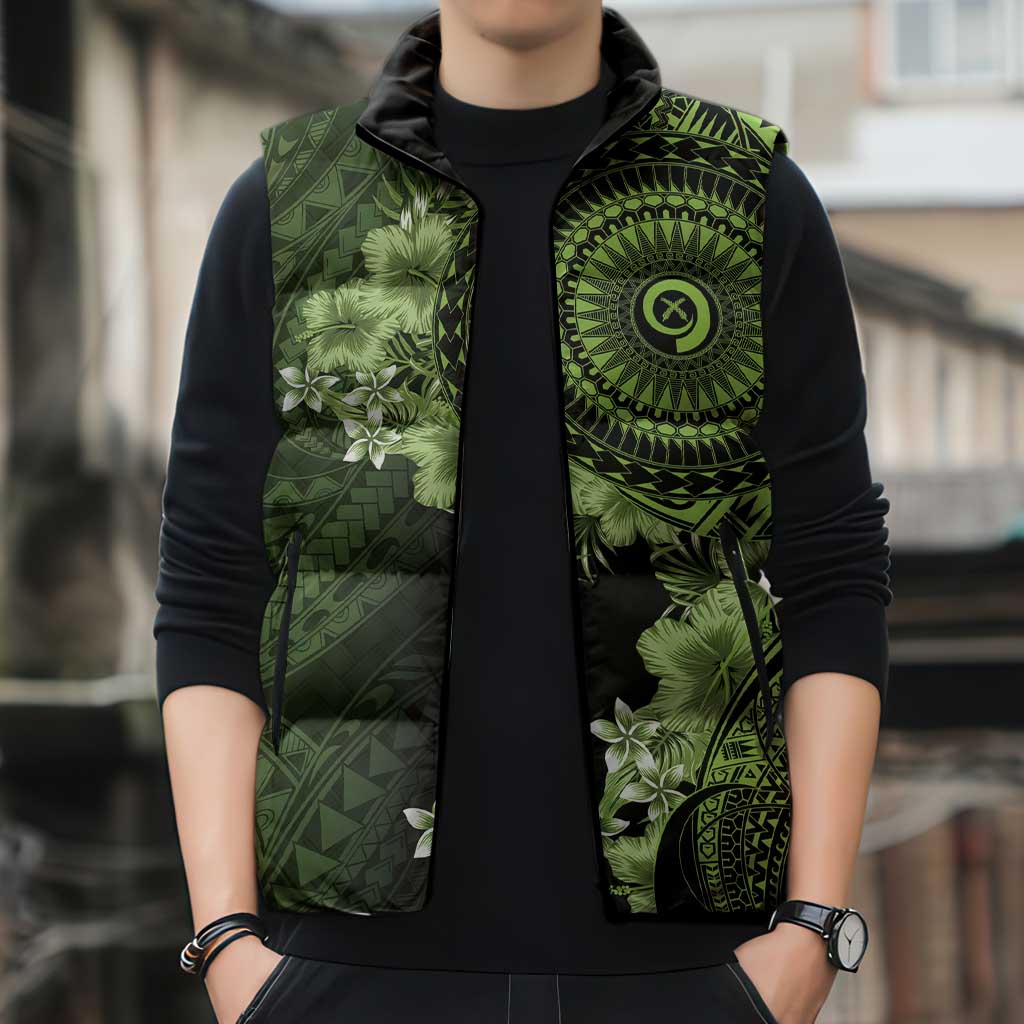 Vanuatu Sleeveless Puffer Jacket Hibisus Polynesian Pattern Green LT14 - Polynesian Pride