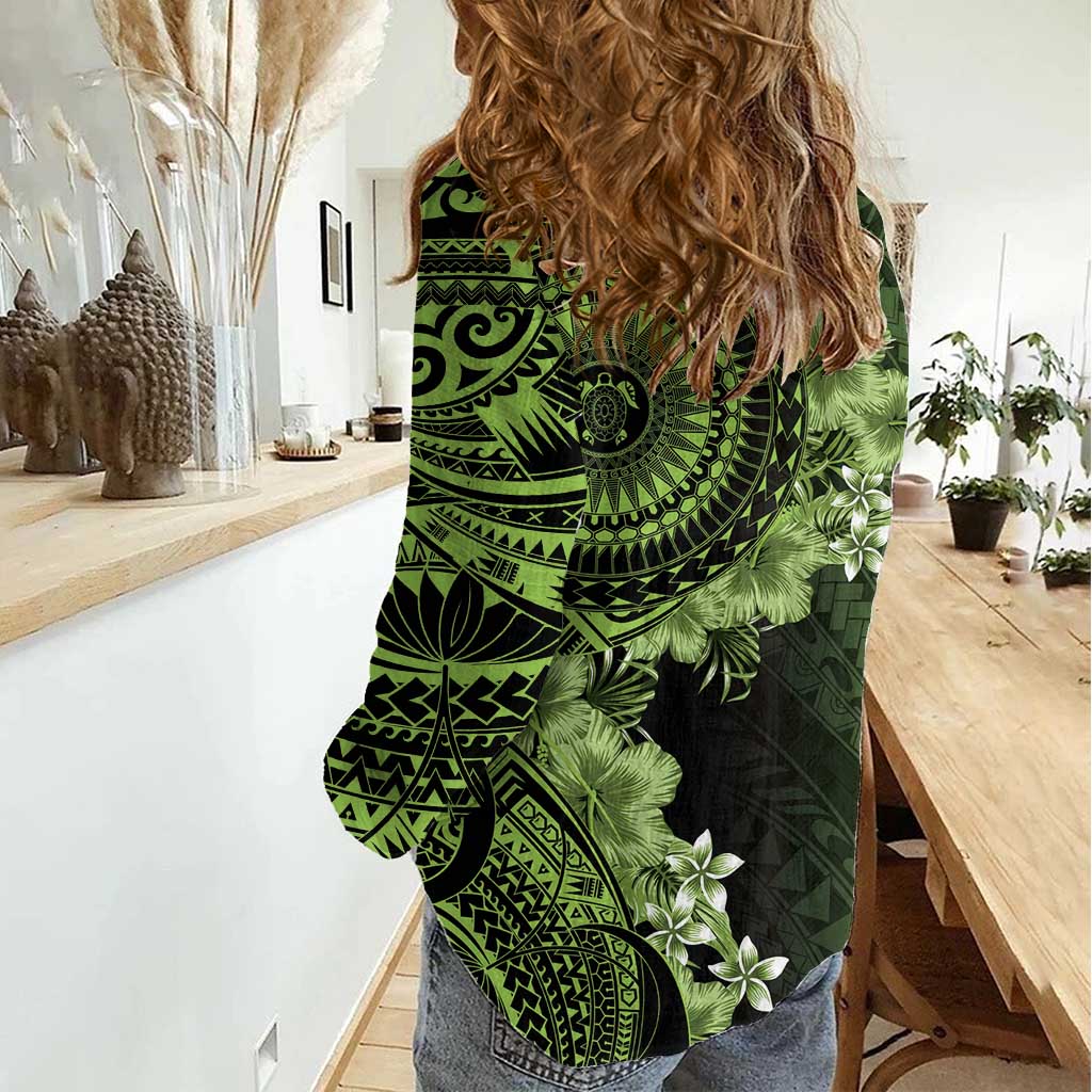 Vanuatu Women Casual Shirt Hibisus Polynesian Pattern Green - Polynesian Pride