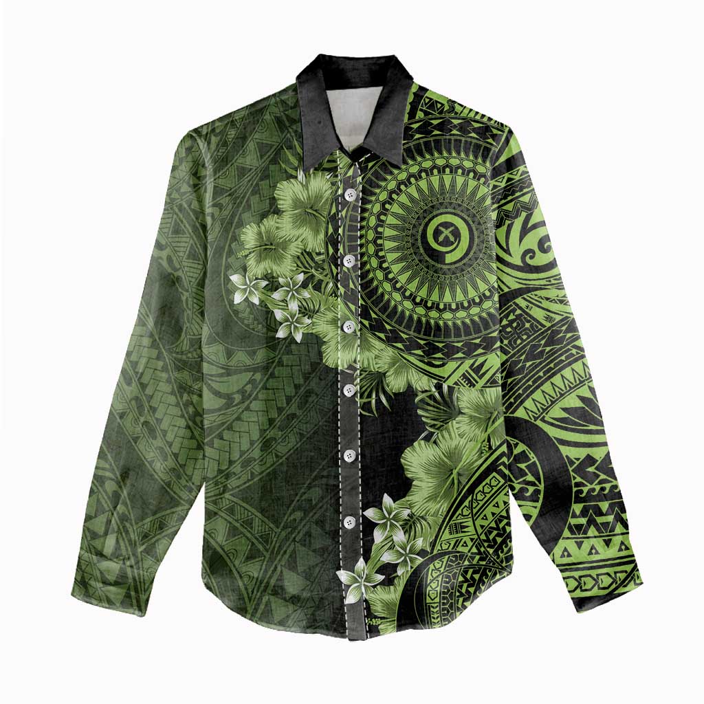 Vanuatu Women Casual Shirt Hibisus Polynesian Pattern Green - Polynesian Pride