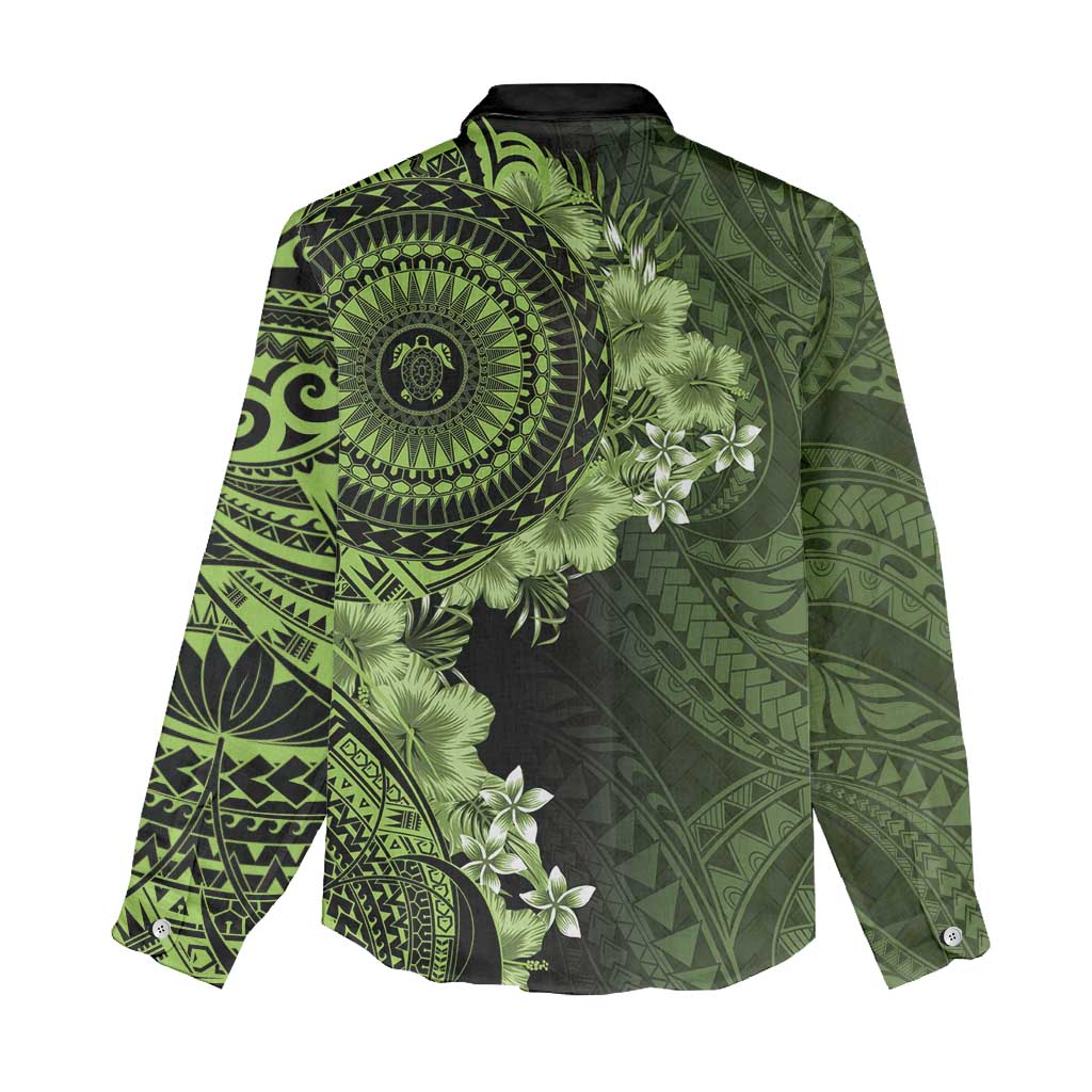 Vanuatu Women Casual Shirt Hibisus Polynesian Pattern Green - Polynesian Pride