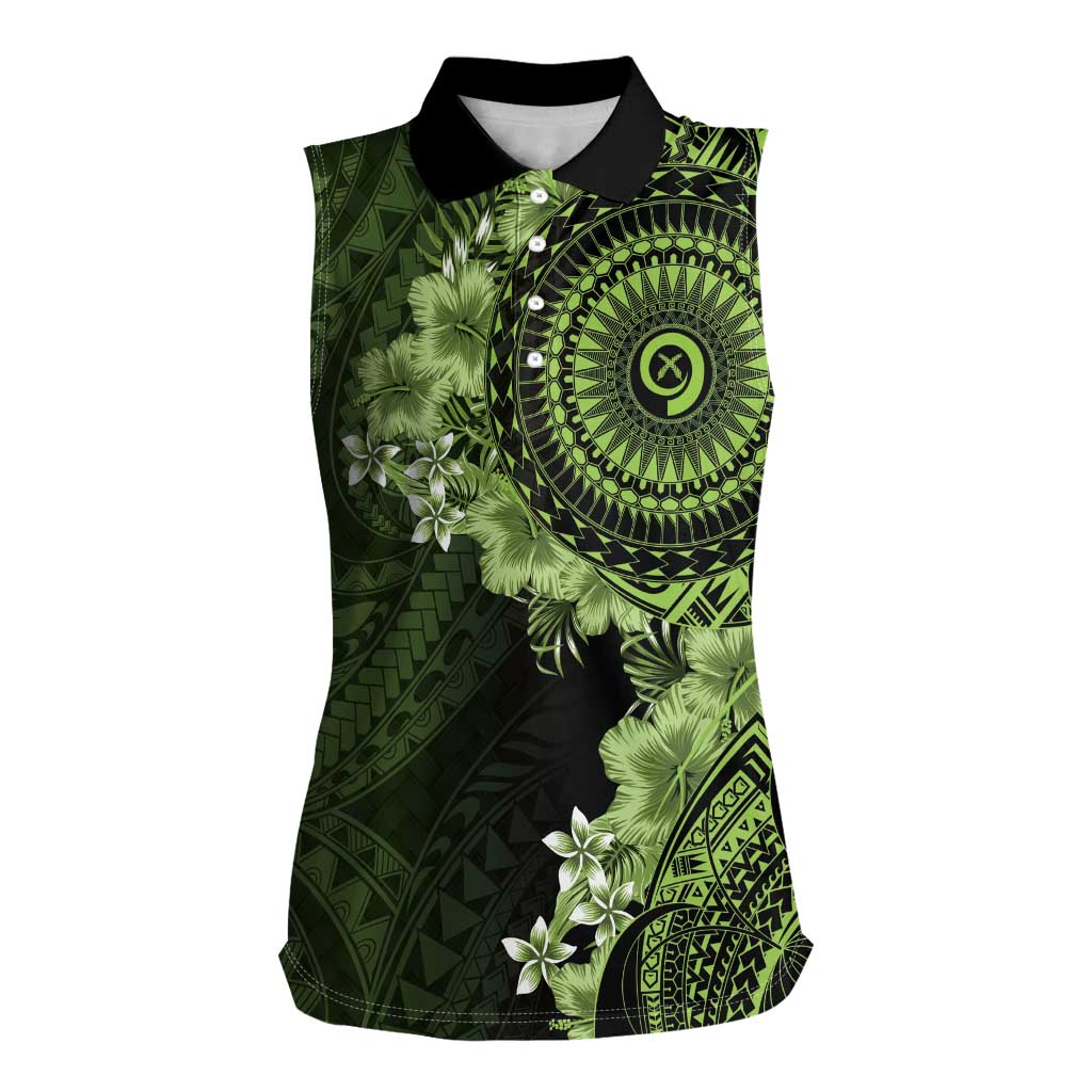 Vanuatu Women Sleeveless Polo Shirt Hibisus Polynesian Pattern Green LT14 Female Green - Polynesian Pride