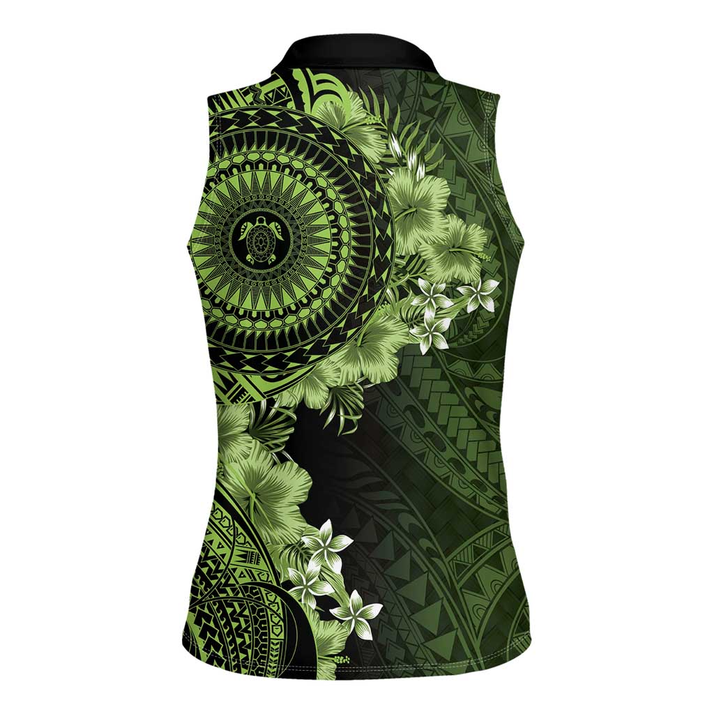 Vanuatu Women Sleeveless Polo Shirt Hibisus Polynesian Pattern Green LT14 - Polynesian Pride