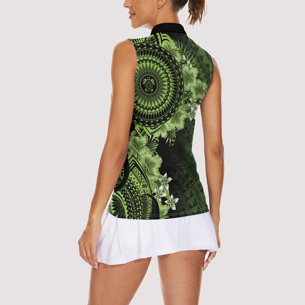 Vanuatu Women Sleeveless Polo Shirt Hibisus Polynesian Pattern Green LT14 - Polynesian Pride
