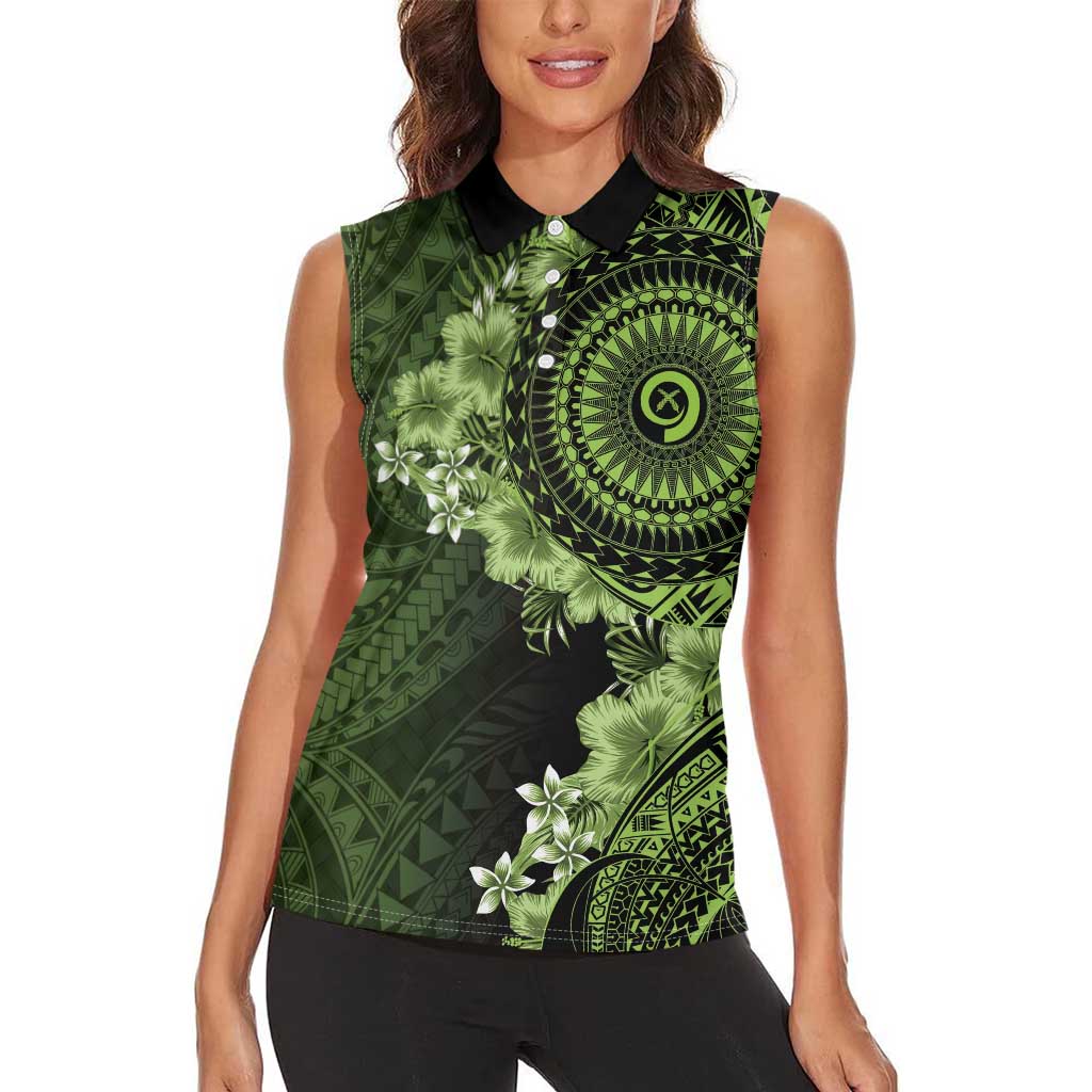 Vanuatu Women Sleeveless Polo Shirt Hibisus Polynesian Pattern Green LT14 - Polynesian Pride