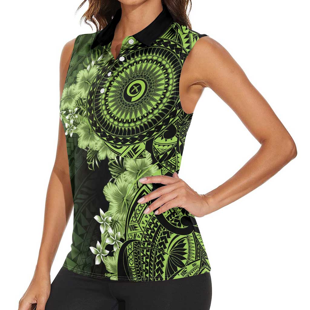 Vanuatu Women Sleeveless Polo Shirt Hibisus Polynesian Pattern Green LT14 - Polynesian Pride